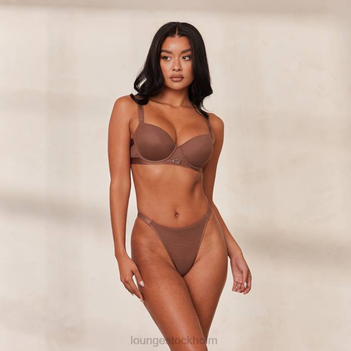 Lounge kvinnor kastanj underkläder FP6J122 Slät mesh t-shirt BH & stringtrosa/kalsonger set