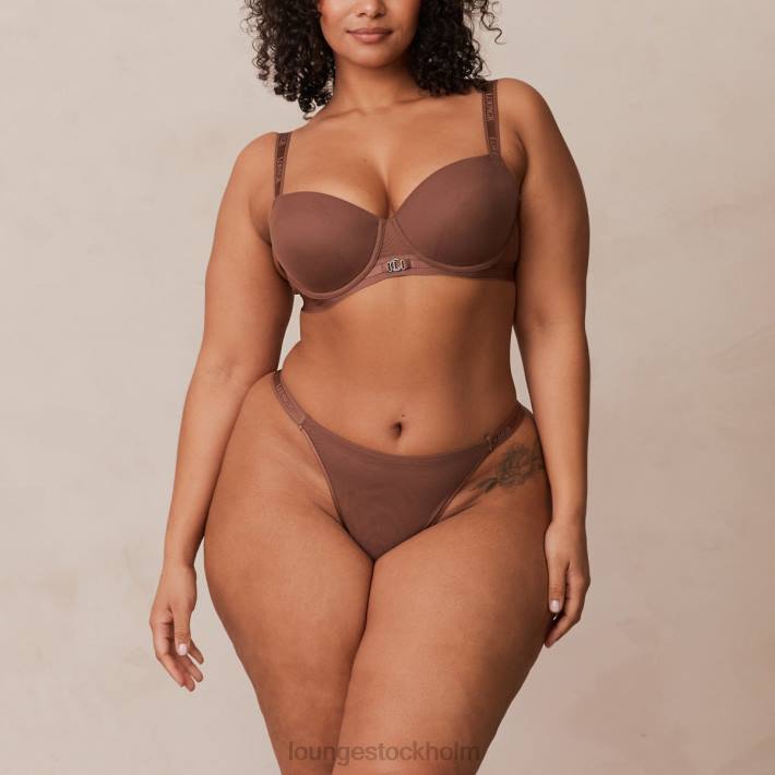 Lounge kvinnor kastanj underkläder FP6J122 Slät mesh t-shirt BH & stringtrosa/kalsonger set