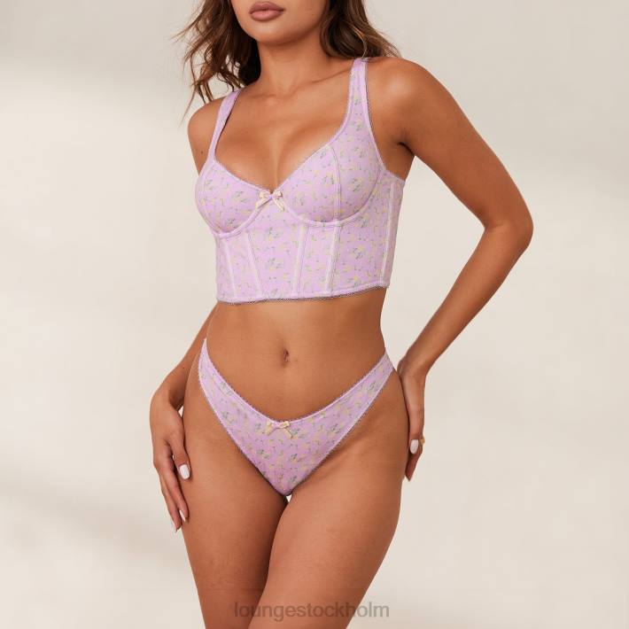 Lounge kvinnor lila blommig underkläder FP6J152 söt longline bh & g-string set