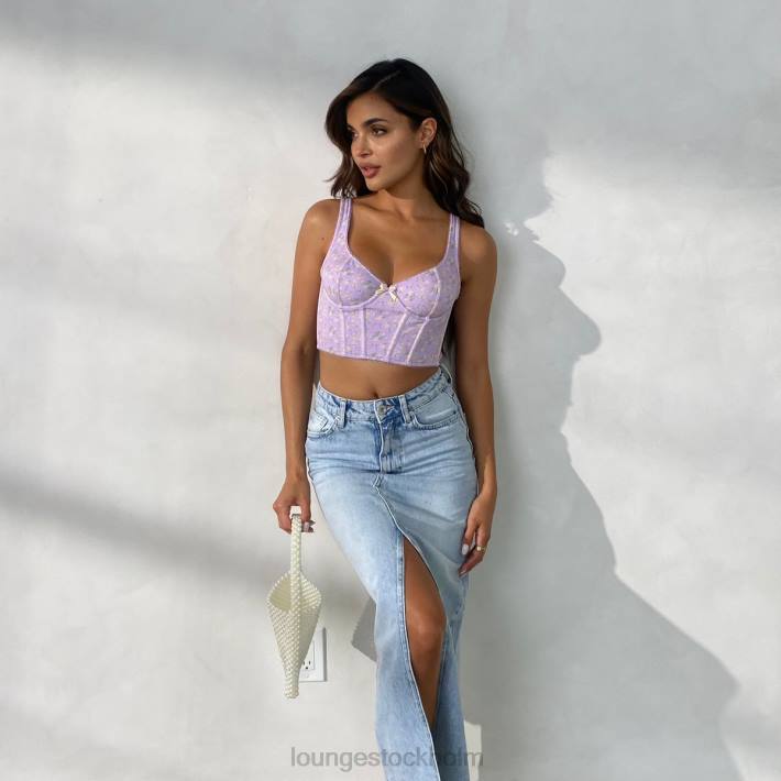 Lounge kvinnor lila blommig underkläder FP6J152 söt longline bh & g-string set