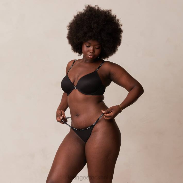 Lounge kvinnor svart underkläder FP6J155 släta t-shirt-bh och stringtrosor/kalsonger som knäpps framtill