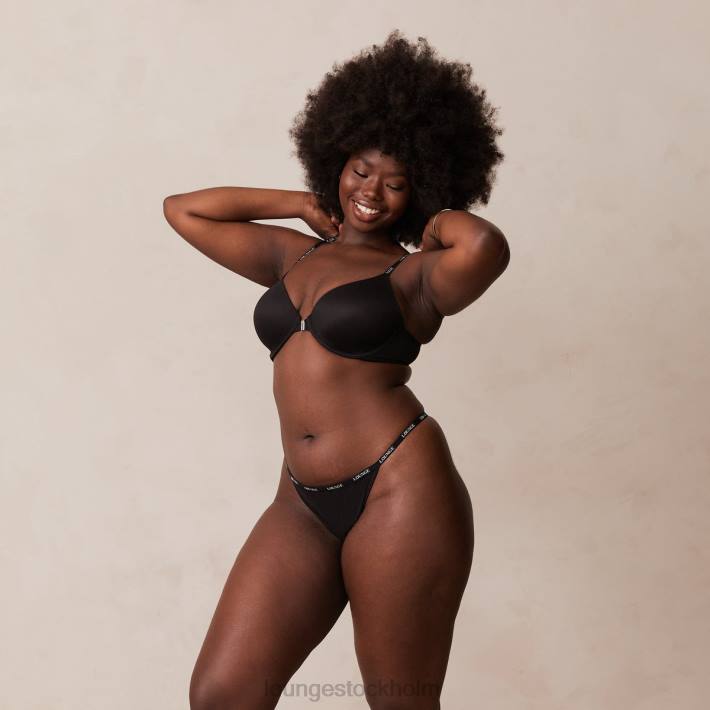 Lounge kvinnor svart underkläder FP6J155 släta t-shirt-bh och stringtrosor/kalsonger som knäpps framtill