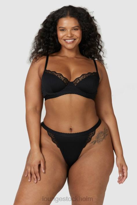 Lounge kvinnor svart underkläder FP6J73 ribbad balkong-bh & stringtrosa/trosa set
