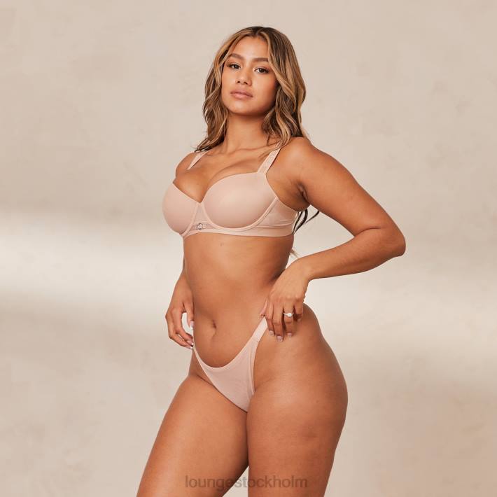 Lounge kvinnor taupe underkläder FP6J127 Slät mesh t-shirt BH & stringtrosa/kalsonger set
