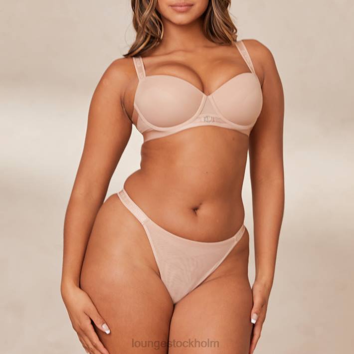 Lounge kvinnor taupe underkläder FP6J127 Slät mesh t-shirt BH & stringtrosa/kalsonger set