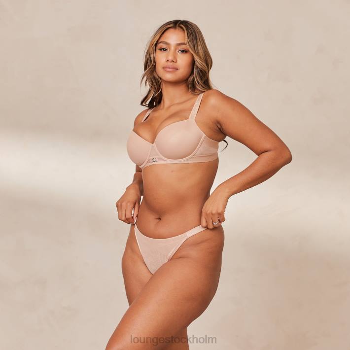 Lounge kvinnor taupe underkläder FP6J127 Slät mesh t-shirt BH & stringtrosa/kalsonger set