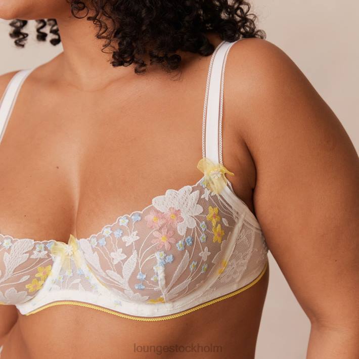 Lounge kvinnor vit & gul underkläder FP6J71 fleur balkong bh & g-string set