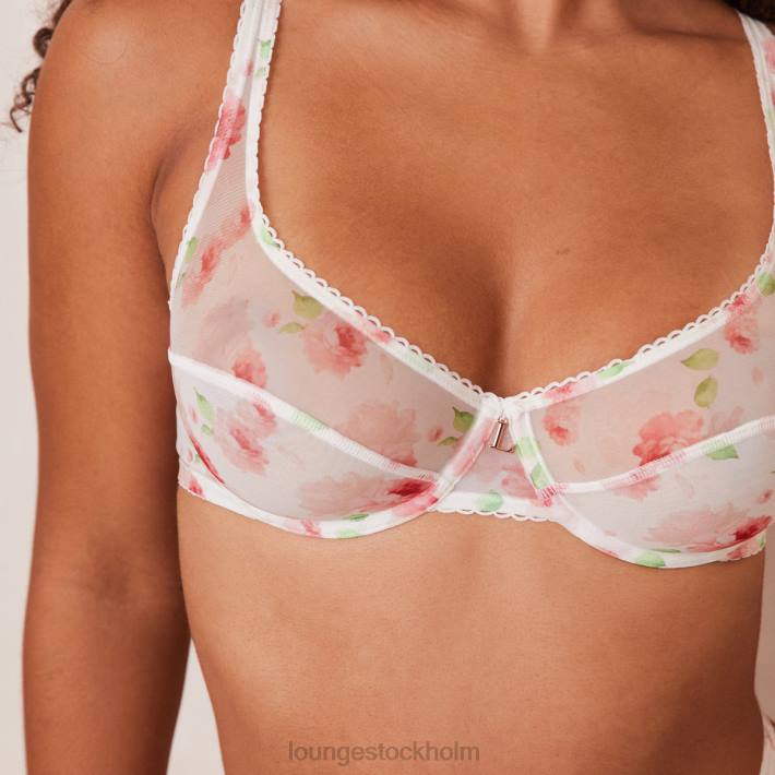 Lounge kvinnor vit underkläder FP6J27 blommig mesh balkong bh & string set