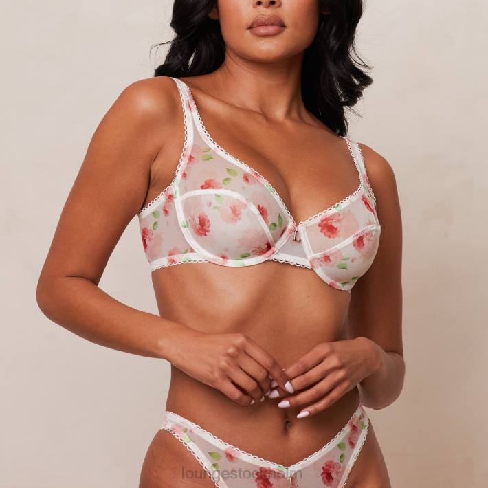 Lounge kvinnor vit underkläder FP6J27 blommig mesh balkong bh & string set