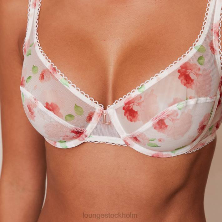Lounge kvinnor vit underkläder FP6J27 blommig mesh balkong bh & string set